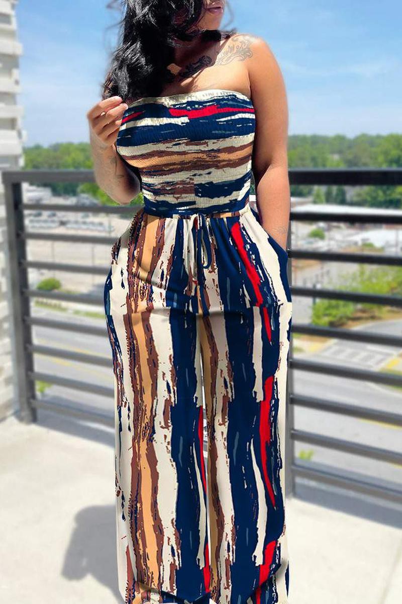Drawstring Waist Shirred Bodice Wide Leg Jumpsuit