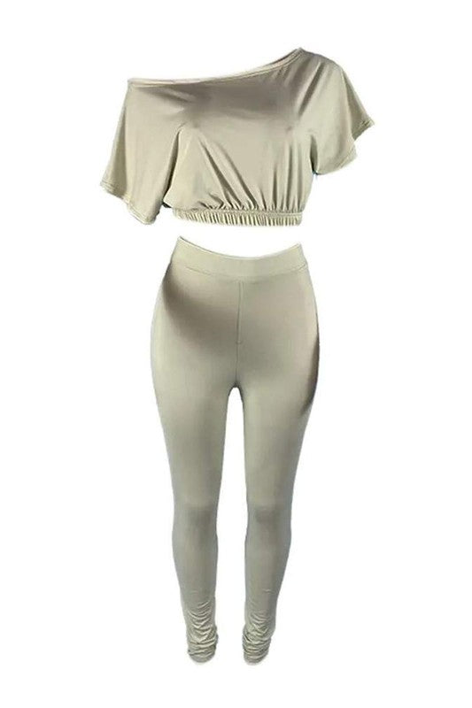SLASH NECK SHORT SLEEVE TOP HIGH WAIST PANTS SET