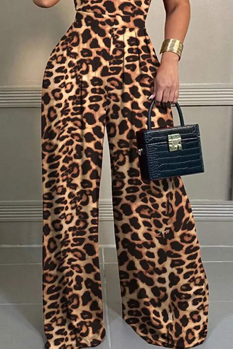 LEOPARD PRINT CHAIN STRAP PLUNGE JUMPSUIT
