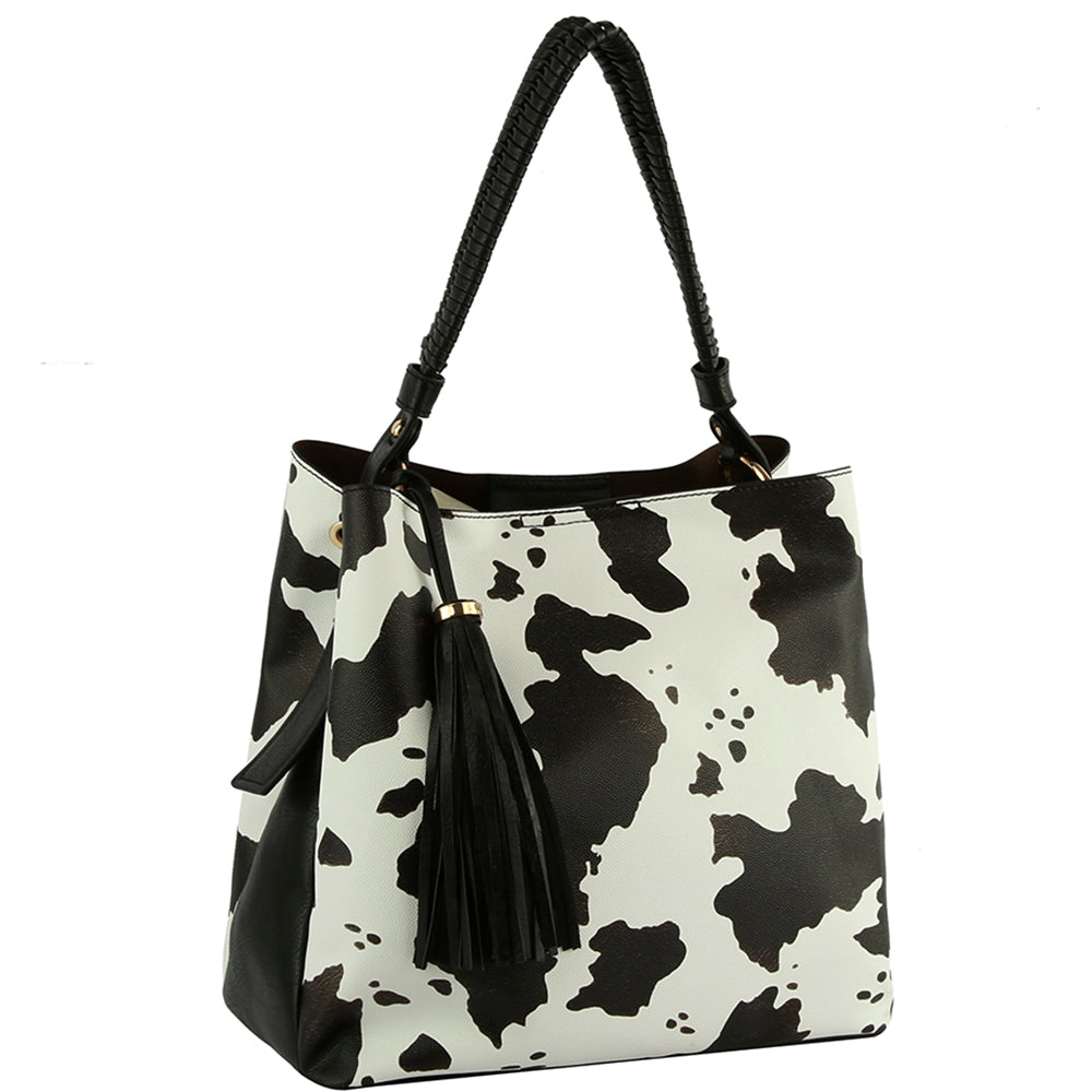 SMOOTH ANIMAL PRINT TASSEL HOBO BAG