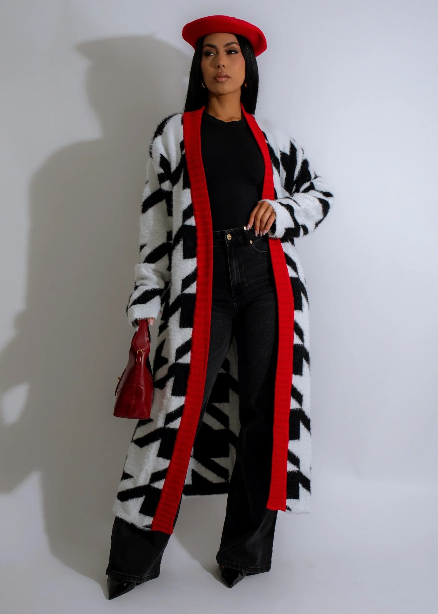 HOUNDTOOTH PATTERN LONG CARDIGAN