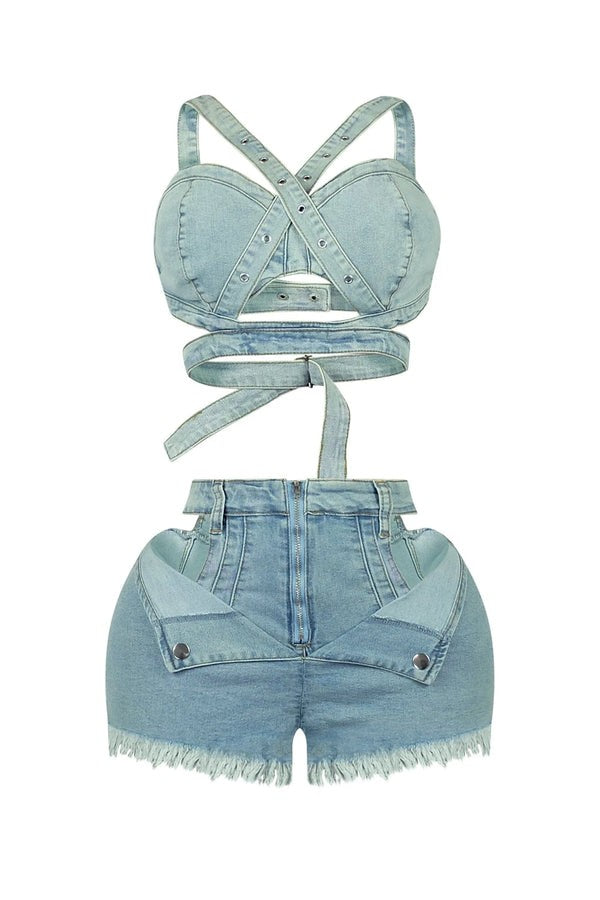 Denim Top & Cut Out Shorts Set
