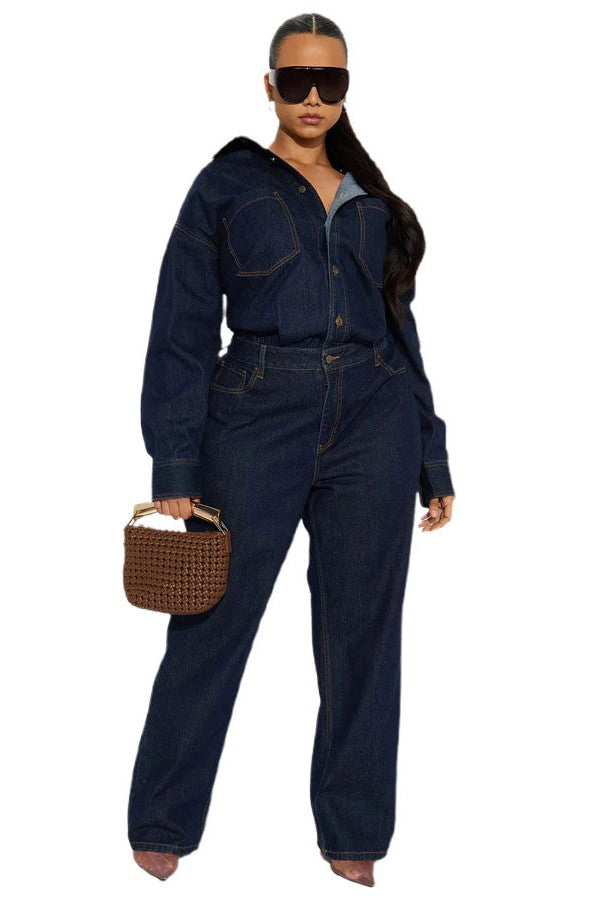 Women Fashion Denim Long Sleeves Jumpsuit