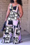 Sexy Casual Print Backless V Neck Plus Size Jumpsuits