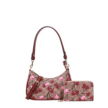 2-IN-1 Oval Cherry Print Satchel Wallet Set