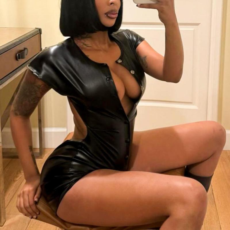 Sexy slight stretch pu solid color crew neck playsuit