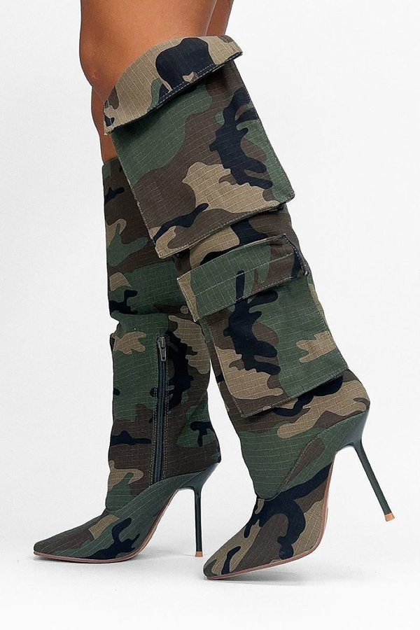 WOMEN KNEE HIGH CAMOUFLAGE POCKET HEEL
