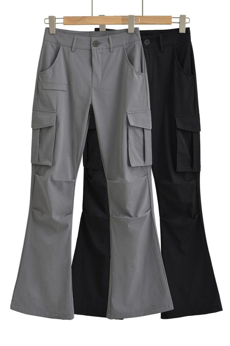 Casual slight stretch solid color high-waist flared pants