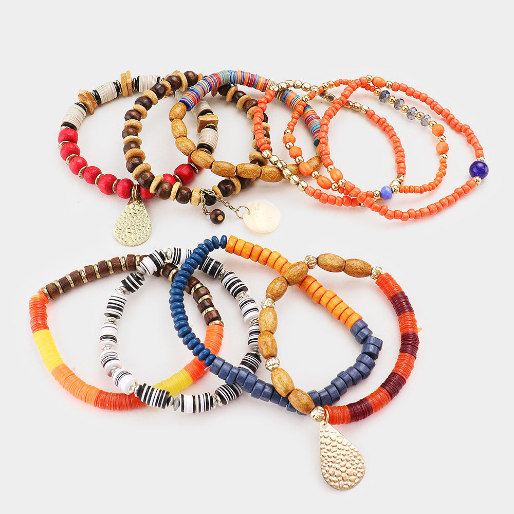 Boho Wood Multi Beaded Stretch Bracelets-10PCS
