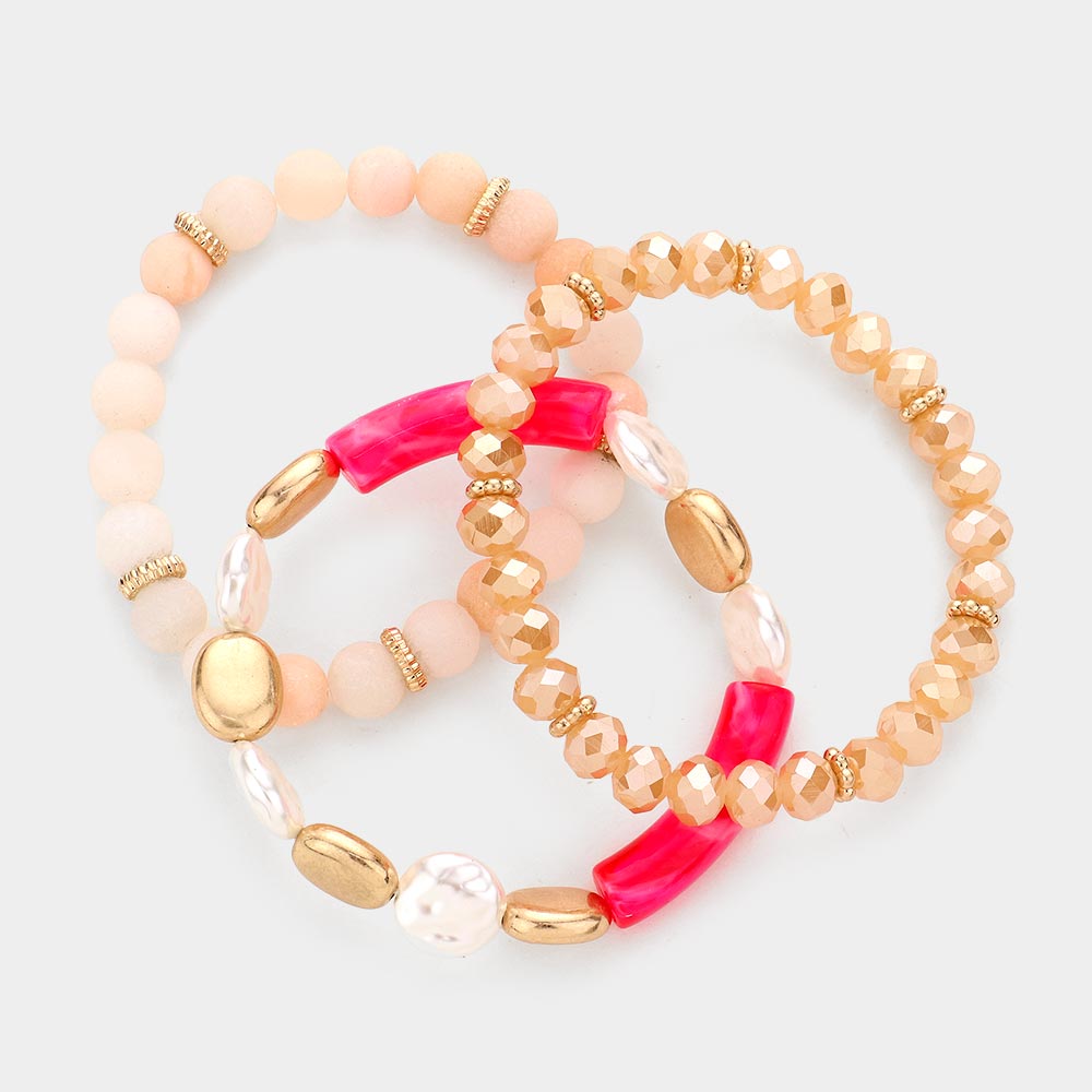 Semi Precious Stone Pearl Resin Beaded Stretch Bracelets-3PCS-3PCS