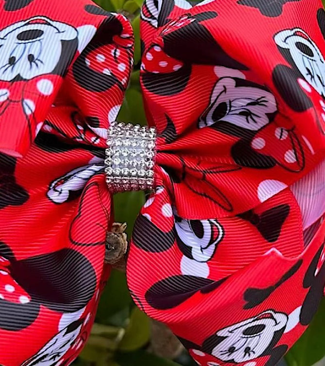 RED CHARACTER PRINTED DOUBLE LAYER HAIR BOWS. 4PCS