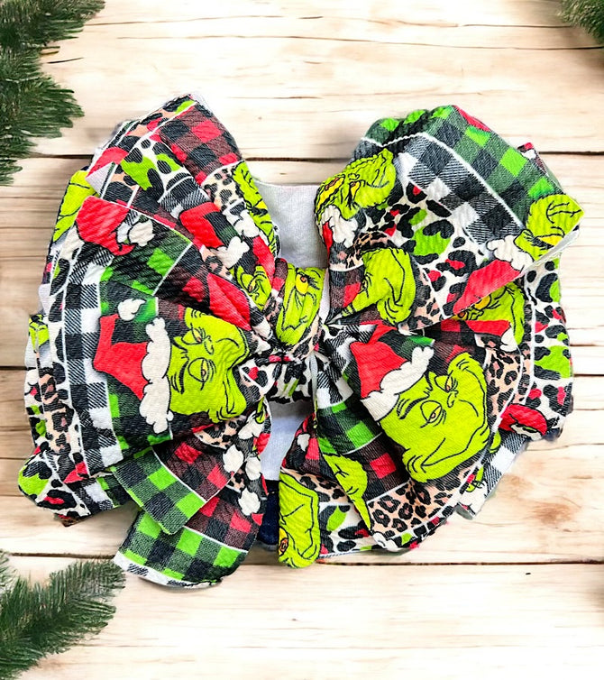 BIG TASSEL MR. GRINCH WITH PLAID/LEOPARD PRINTED HEADBANDS. 3PC