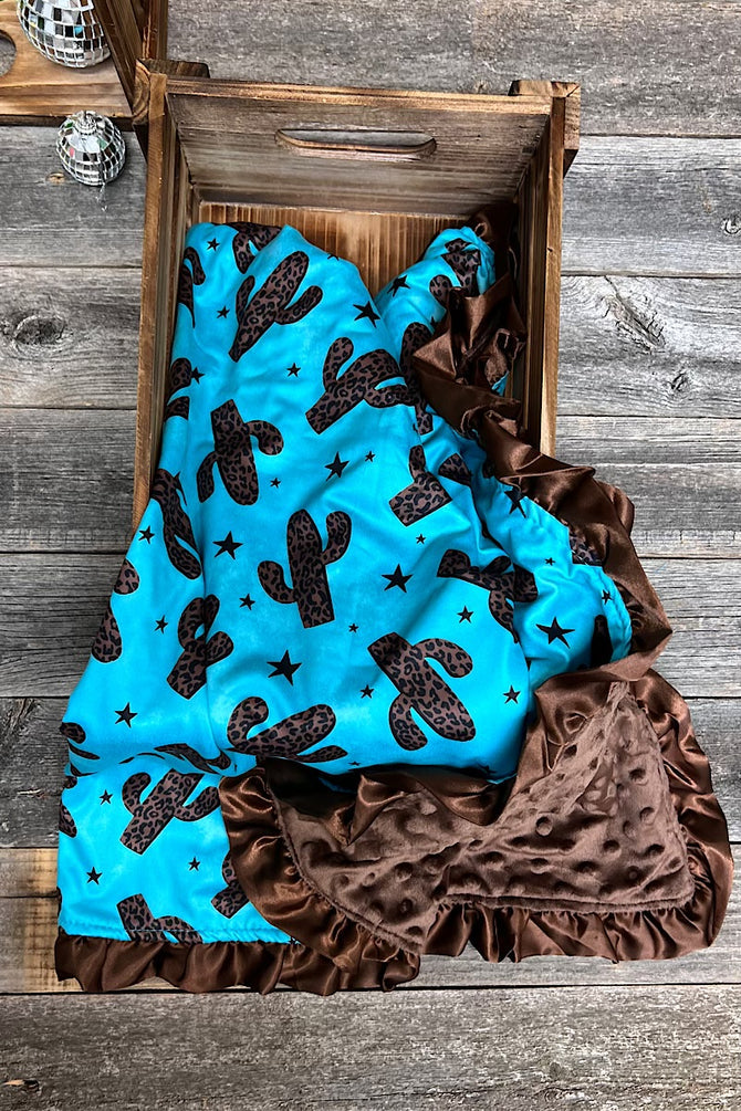 CACTUS PRINTED ON TURQUOISE BABY BLANKET & BROWN RUFFLE TRIM
