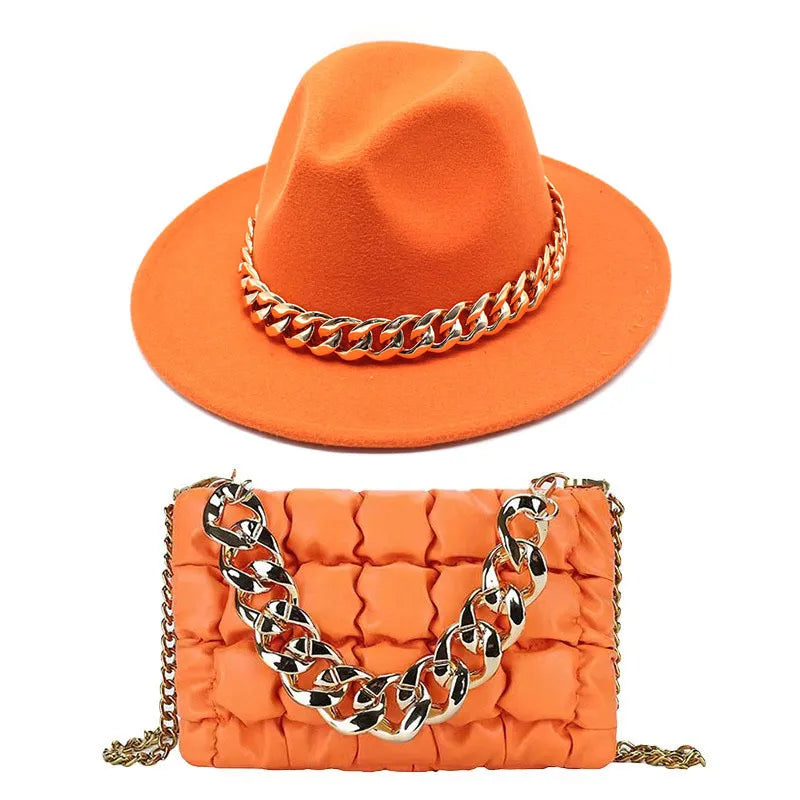 Gold Acrylic Chain Messenger Bag With Jazz Hat Two-Piece Set