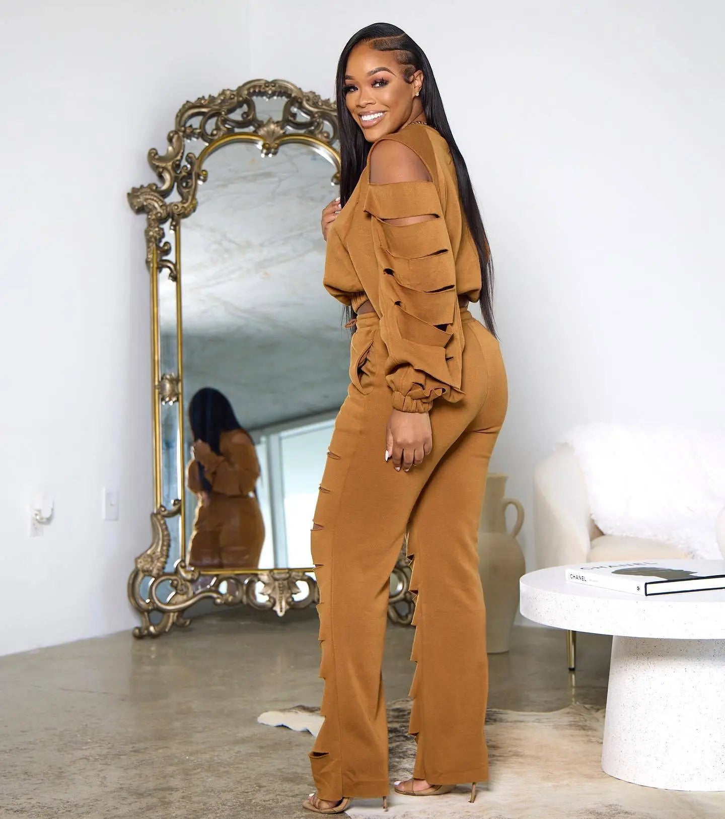 Ripped Long-Sleeve Top and Pant Set