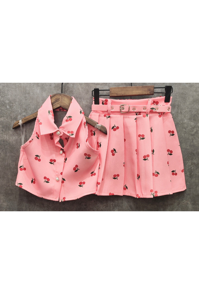 Backless shirt + pleated skirt set with matching belt