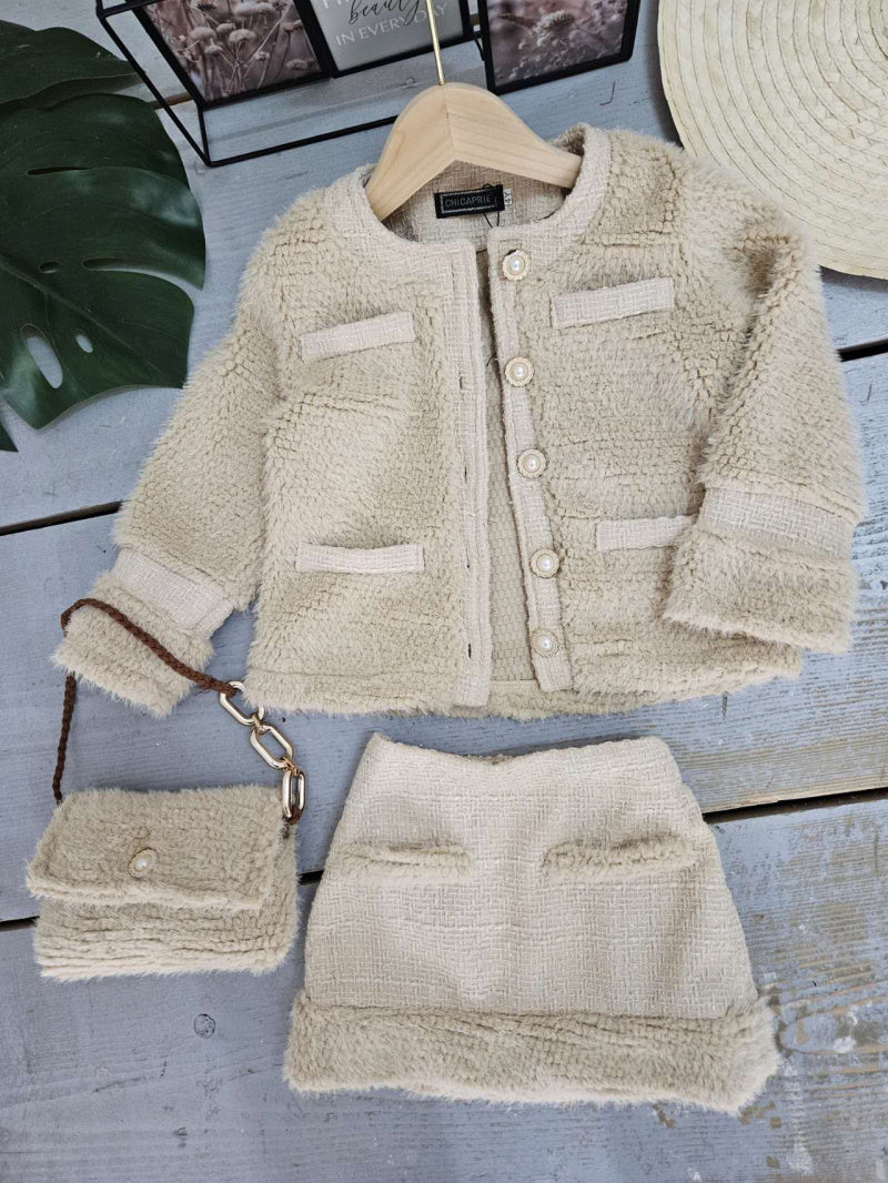 Girls' Faux Fur Jacket And Short Tweed Skirt Set