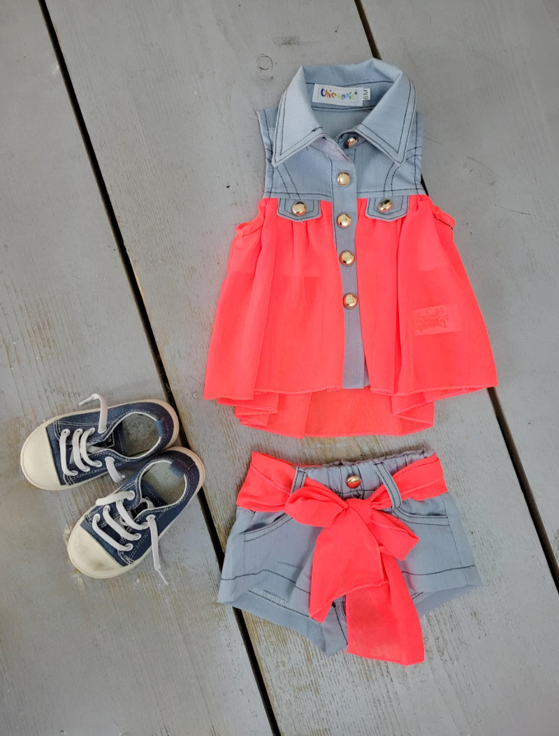 Baby Girl's Tunic and Jeans Shorts and Light Colorful Veil Set