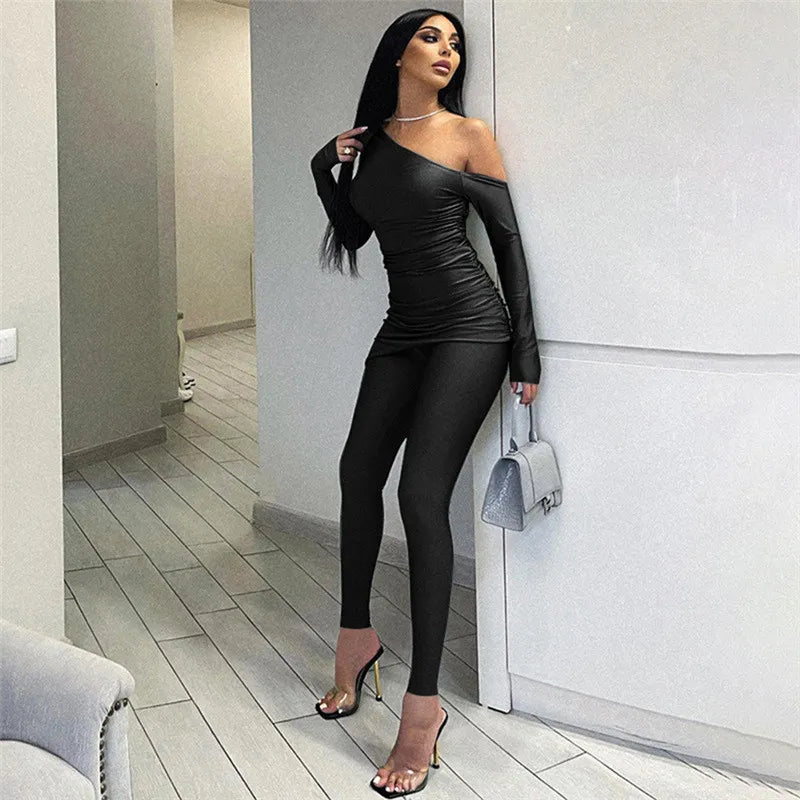 Sexy Long Sleeve Slanted Shoulders Top and High Waisted Set
