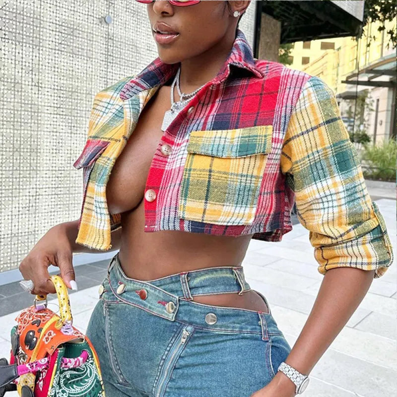 Lapel Pocket Long Sleeve Crop Shirt