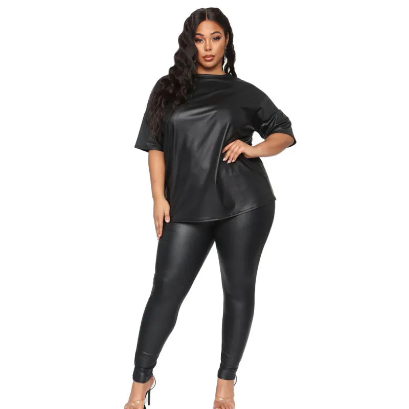 Plus Size Short Sleeve Top Tight Pants Two-Piece Set