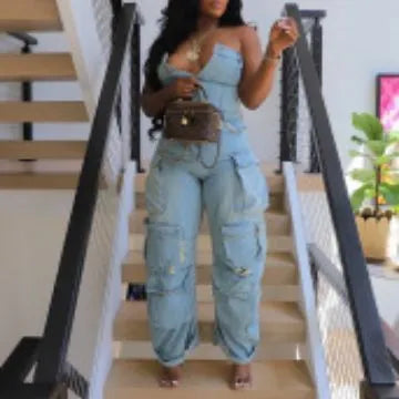 Strapless Multi-Pocket Cargo Jumpsuits