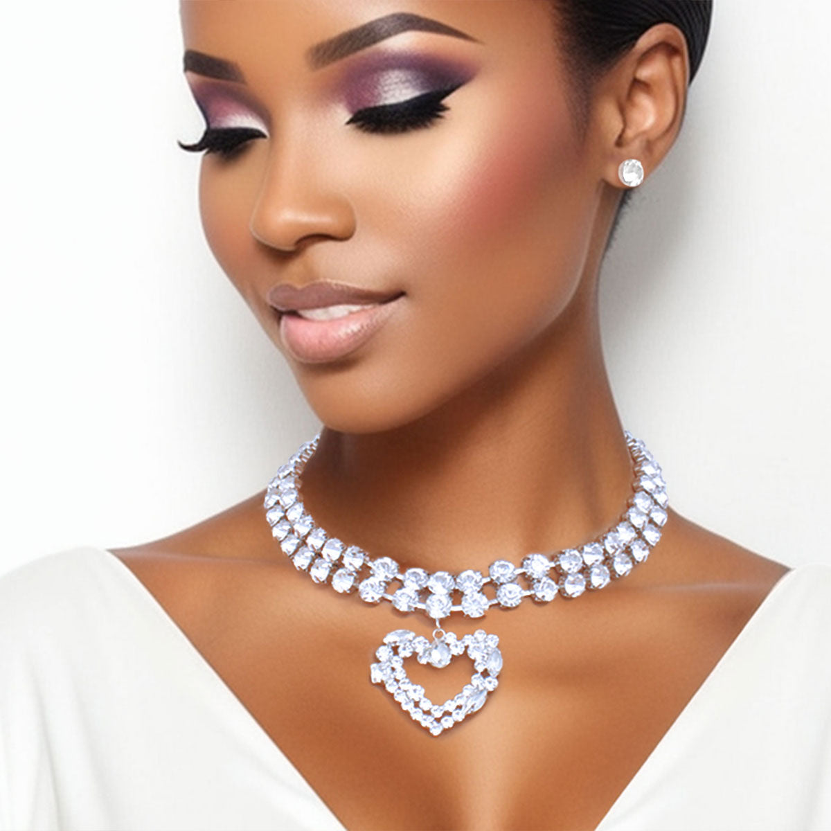 Silver Crystal 2 Row Heart Choker Set