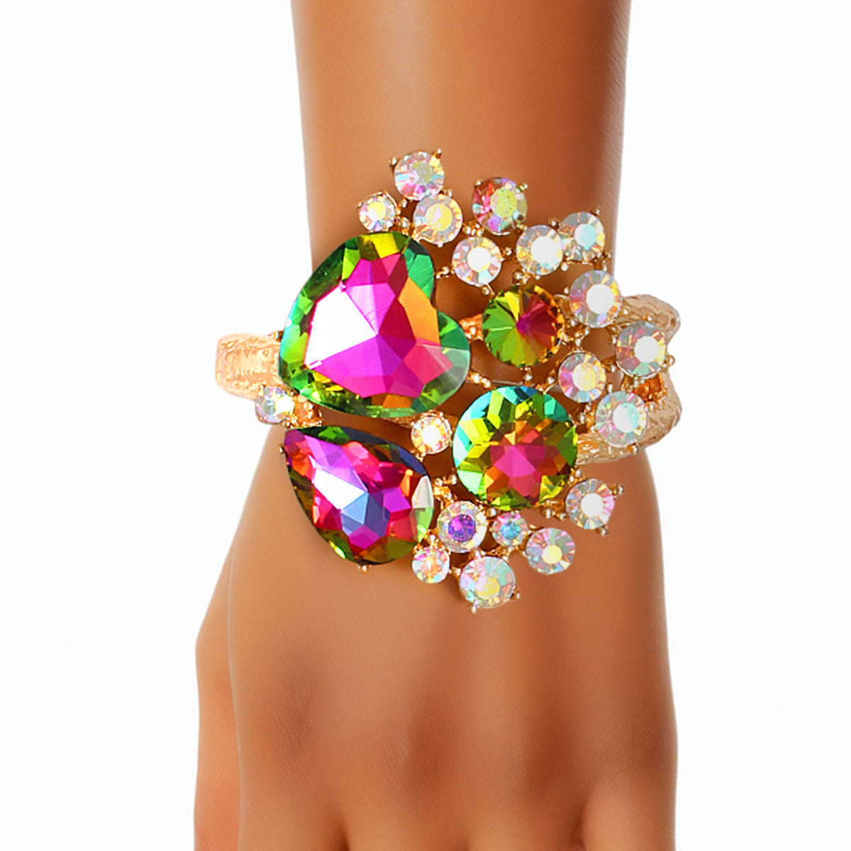 Pink Green Iridescent Heart Crystal Cuff