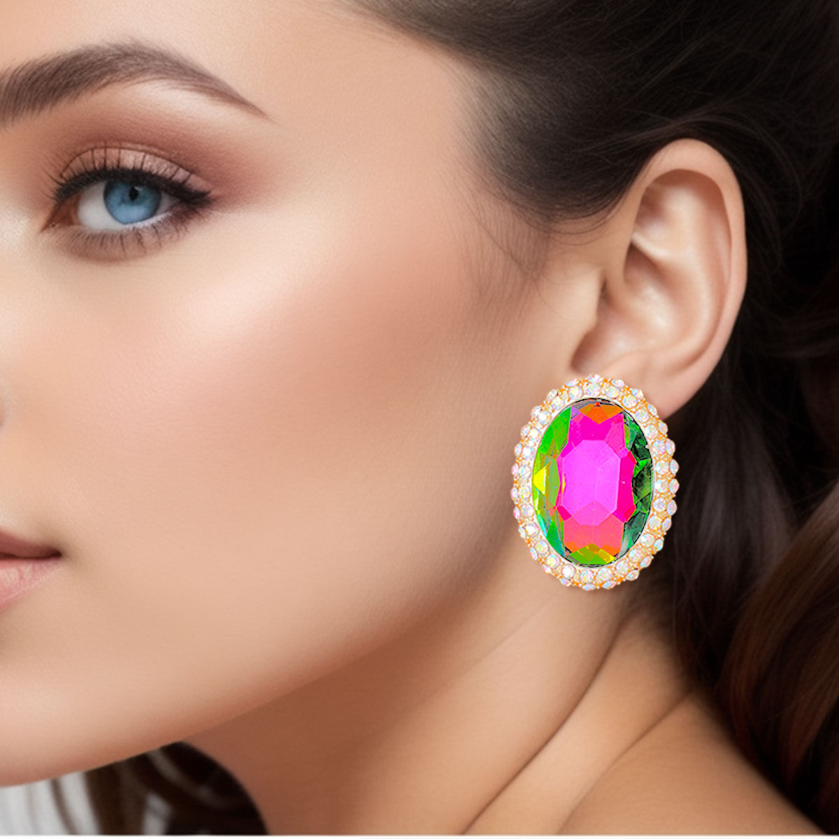 Pink Green Oval Halo Studs