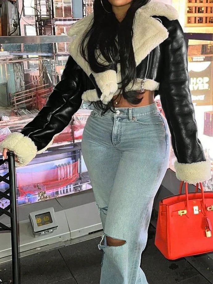 Women's Faux Leather Shearling Cropped Coat Edgy Aviator Style Winter Coat with Sherpa Lining