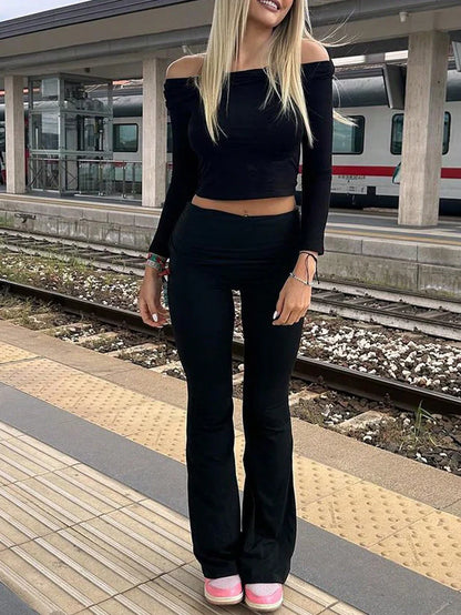 Black 2-Piece Cropped Long-Sleeve Top & Wide-Leg Pants