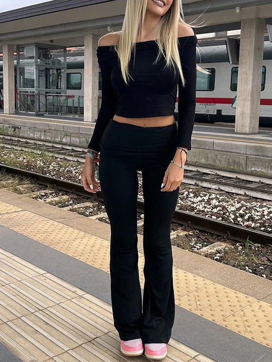 Black 2-Piece Cropped Long-Sleeve Top & Wide-Leg Pants
