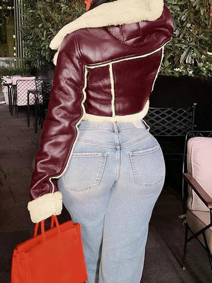 Women's Faux Leather Shearling Cropped Coat Edgy Aviator Style Winter Coat with Sherpa Lining