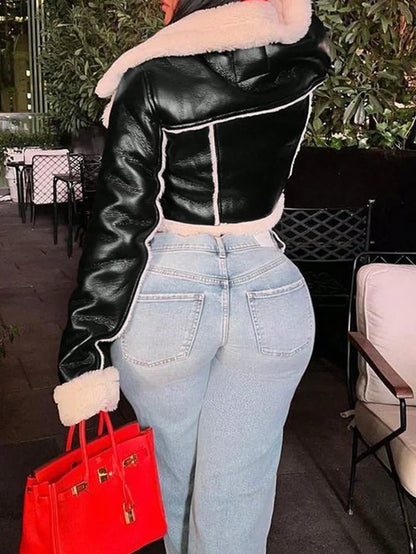 Women's Faux Leather Shearling Cropped Coat Edgy Aviator Style Winter Coat with Sherpa Lining