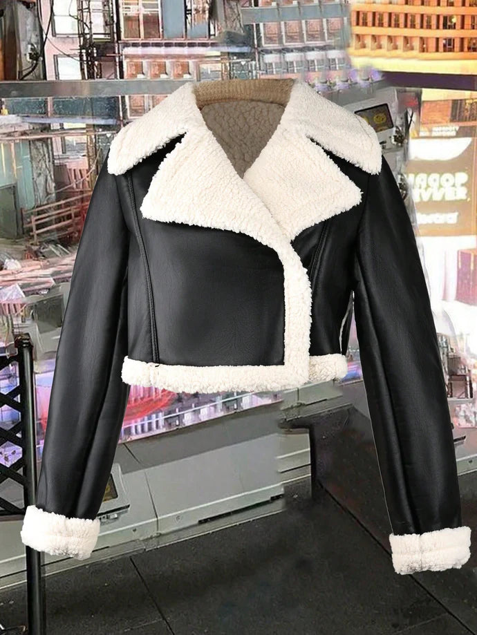 Women's Faux Leather Shearling Cropped Coat Edgy Aviator Style Winter Coat with Sherpa Lining