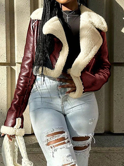 Women's Faux Leather Shearling Cropped Coat Edgy Aviator Style Winter Coat with Sherpa Lining