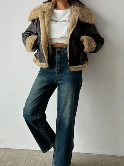 Women's Brown Faux Leather Shearling Jacket, Vintage-Inspired Aviator Coat with Sherpa Lining