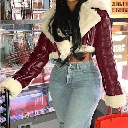 Women's Faux Leather Shearling Cropped Coat Edgy Aviator Style Winter Coat with Sherpa Lining