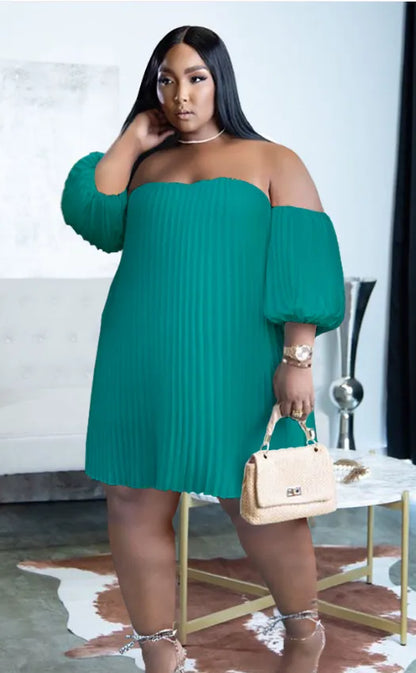 Chiffon Puff Sleeve Pleated off shoulder loose Dress