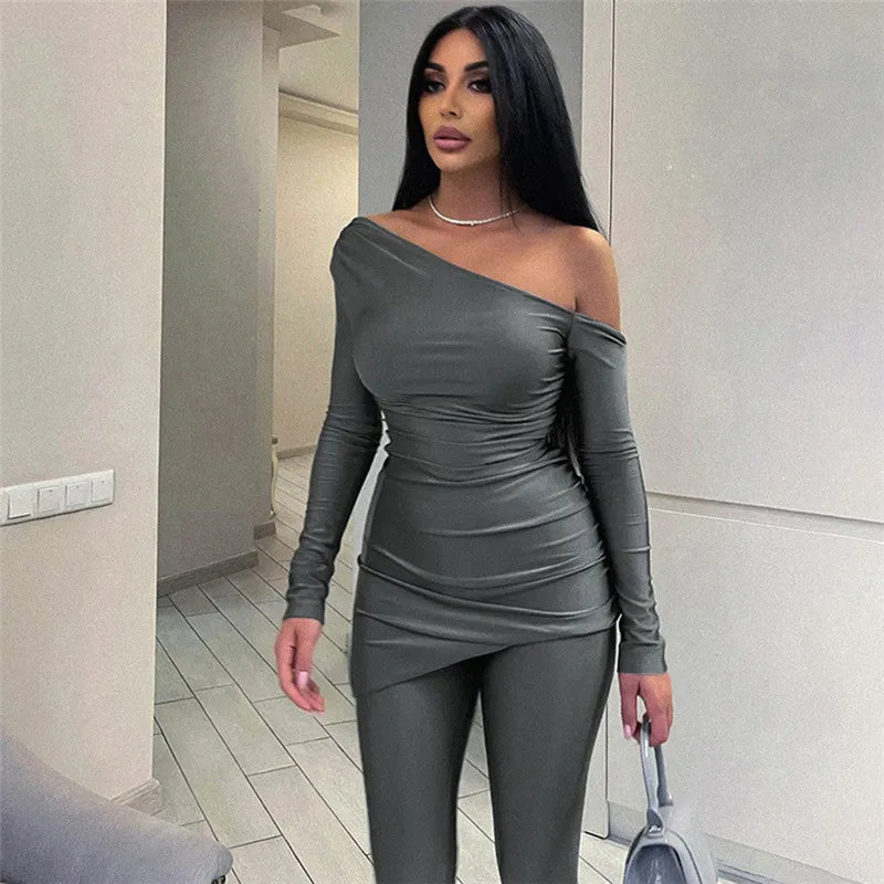 Sexy Long Sleeve Slanted Shoulders Top and High Waisted Set