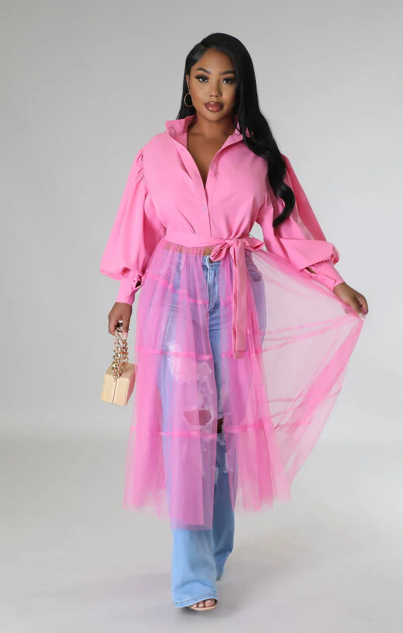 Mesh Patchwork Long Sleeve Long Shirt
