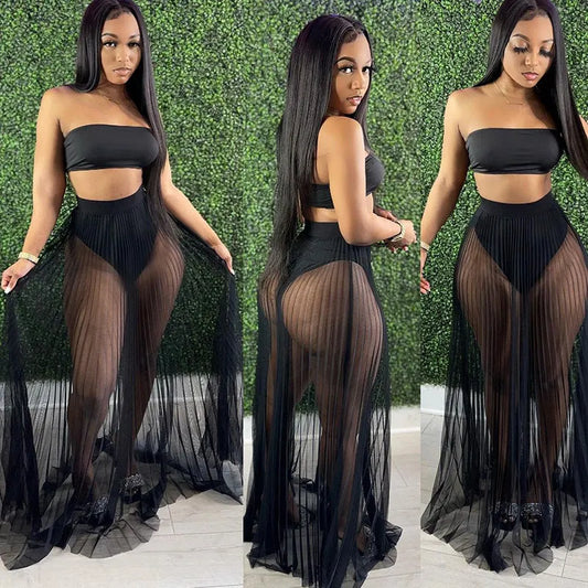 Strapless Crop Top Mesh Skirt Three-Piece Set