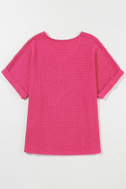Bright Pink Textured Rolled Short Sleeve V Neck Blouse
