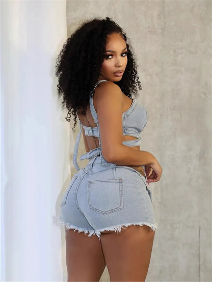Denim Top & Cut Out Shorts Set
