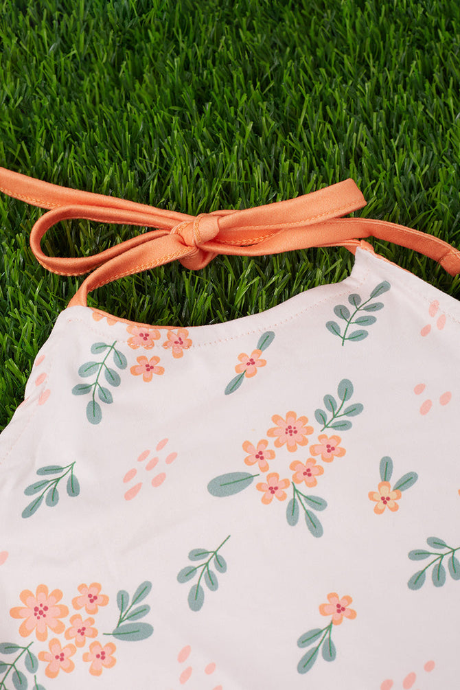 FLORAL HALTER TOP WITH BACK KNOT & ORANGE BELL BOTTOMS
