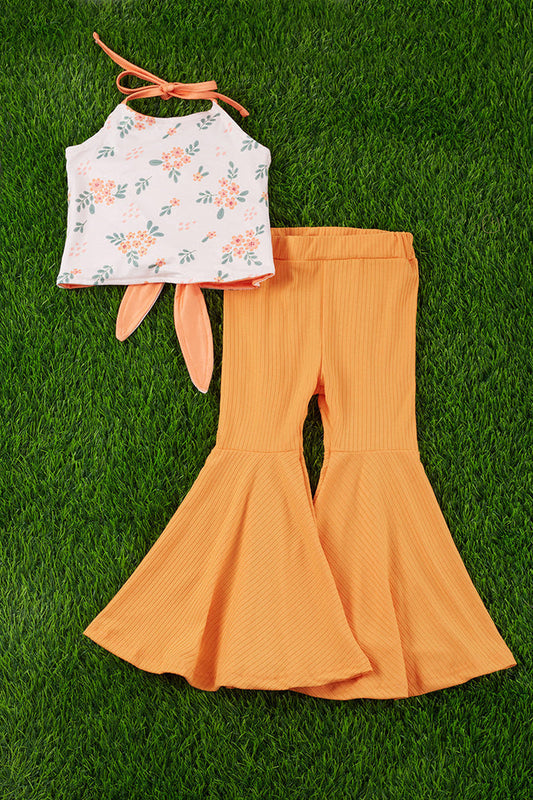 FLORAL HALTER TOP WITH BACK KNOT & ORANGE BELL BOTTOMS