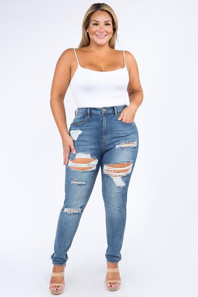Plus Size High Waist Disstressed Jeans
