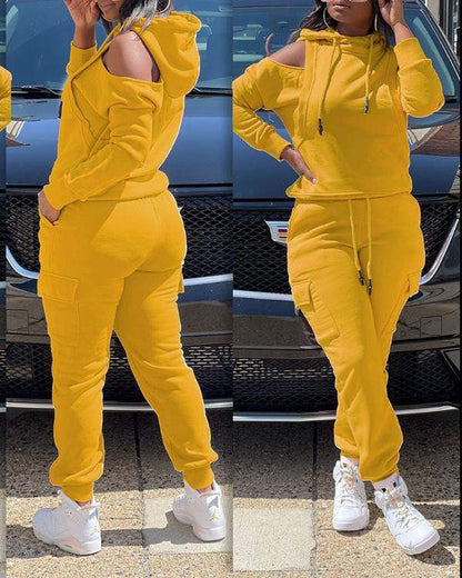 Cold Shoulder Sweatshirt High Waist Pants Set