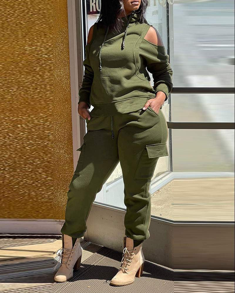Cold Shoulder Sweatshirt High Waist Pants Set