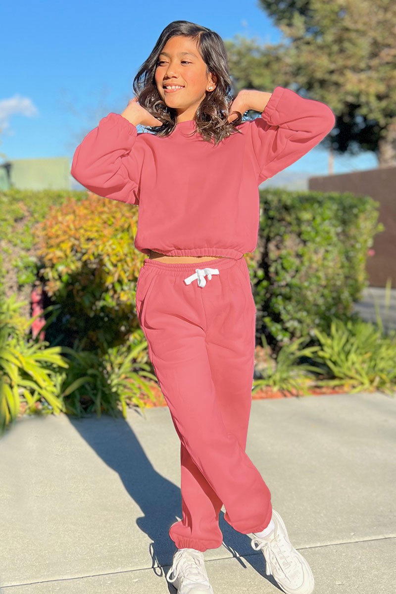 Girl's 2pc Pant Jog Set W/ Ribbed Neckline &amp; Smocked Elastic Waistband